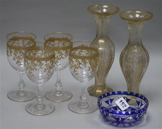 A pair of Bohemian gilt etched glass vases and assorted glassware